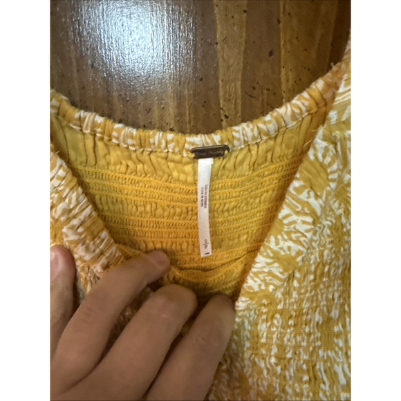 FREE PEOPLE Sweet Annie Smocked Mini Dress Mustard Block Print Floral Sz small - Picture 6 of 7